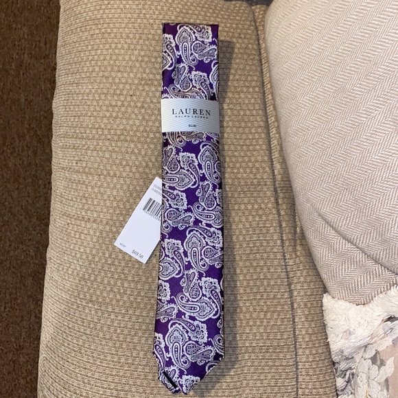💜🤍💜NWT Ralph Lauren Slim Silk/Polyester Purple/Silver Tie - Picture 5 of 6